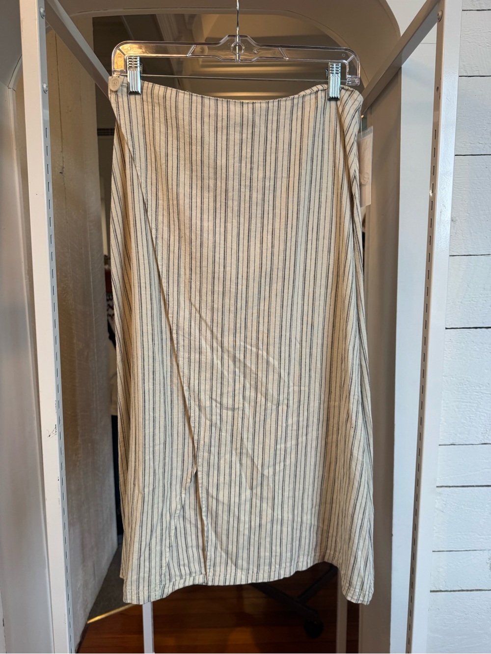 Treasure & Bond Cream Pinstripe Linen Blend Midi Skirt with Front Slit - Picture 2 of 8